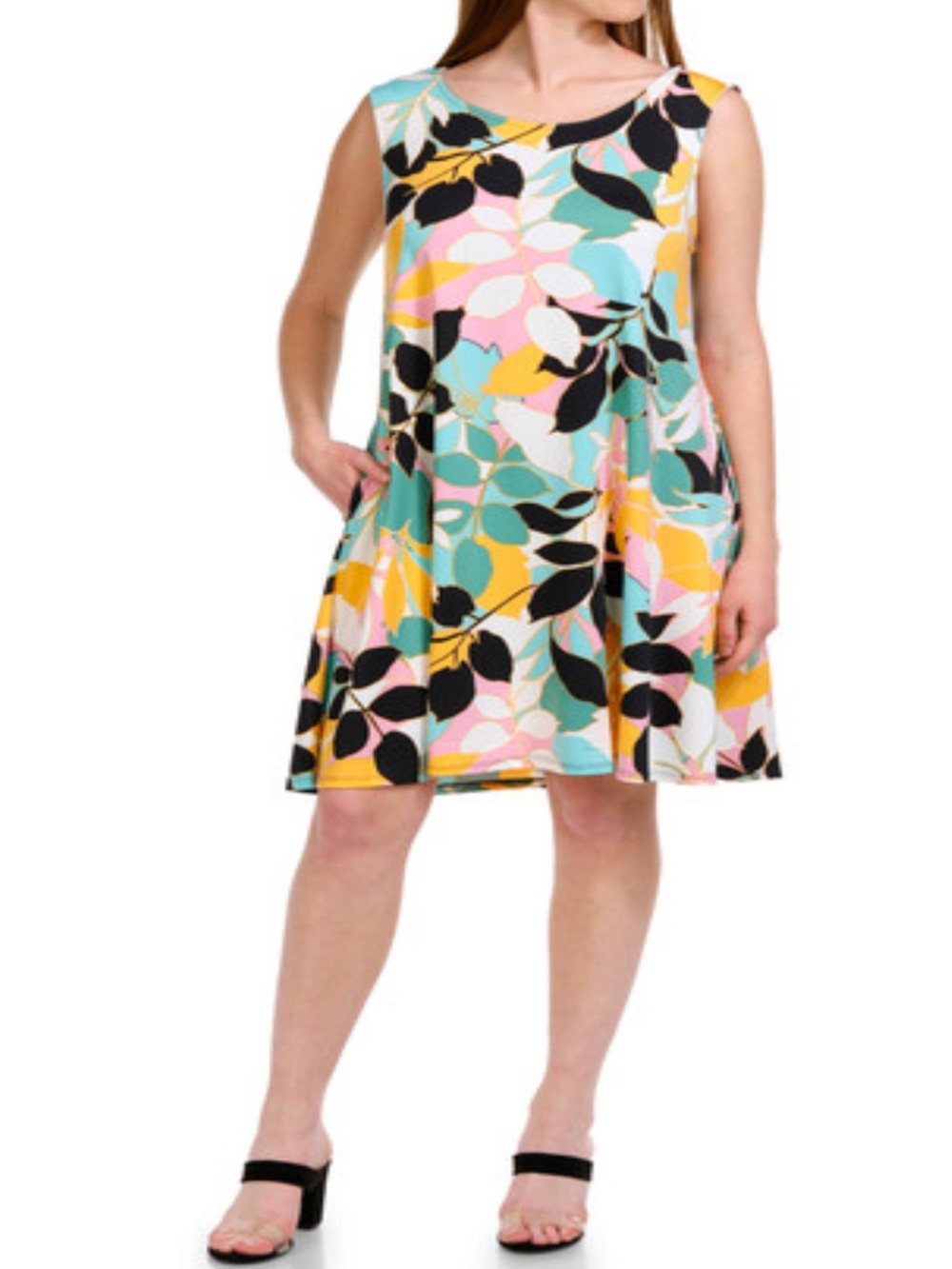 Nina Leonard Sleeveless Midi Dress in Black, Teal, Yellow & Pink
